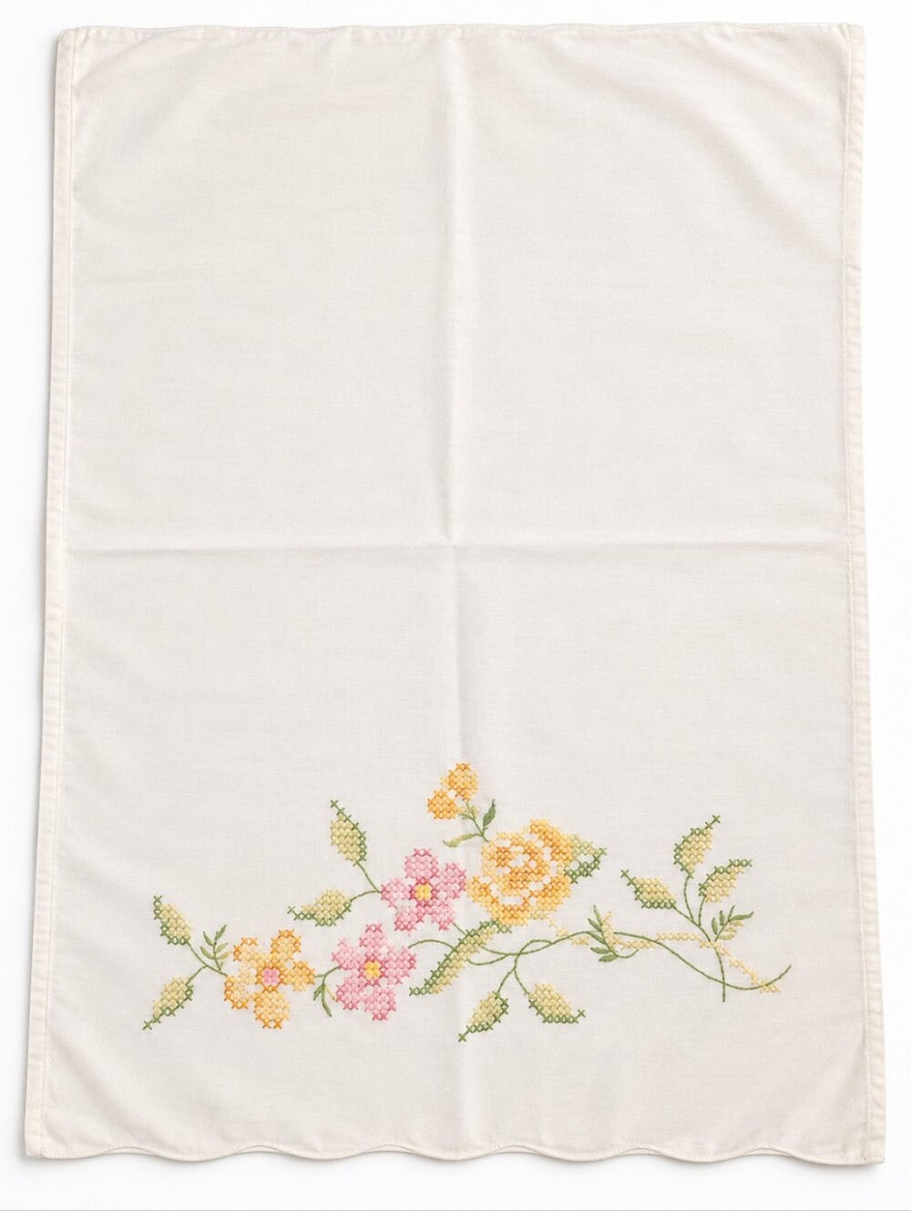 Vintage Handmade Embroidered Floral Pillowcase White Cottagecore Bedding